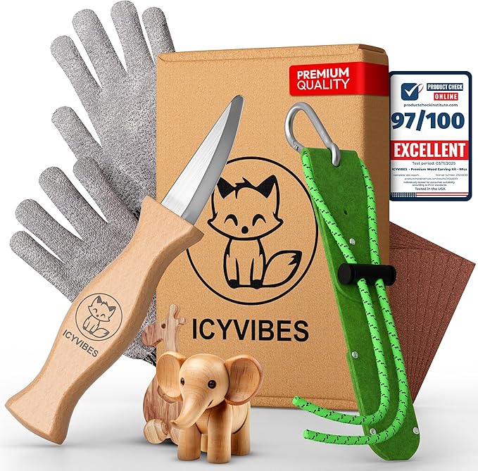 Premium Wood Carving Kit for Kids - 2026 Upgraded Gift 9 Pcs Whittling Knife Set with Safety Gloves Chisel Pocket-Friendly Working Tools Leather Case Creative Bowl Sharpener Perfect Gifts (Green)