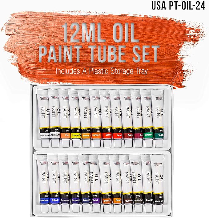 U.S. Art Supply Professional Oil Paint Set - 24 Vibrant Colors in 12ml Tubes for Canvas, Wood & Art Surfaces - Oil Based Paint for Artists, Adults & Students
