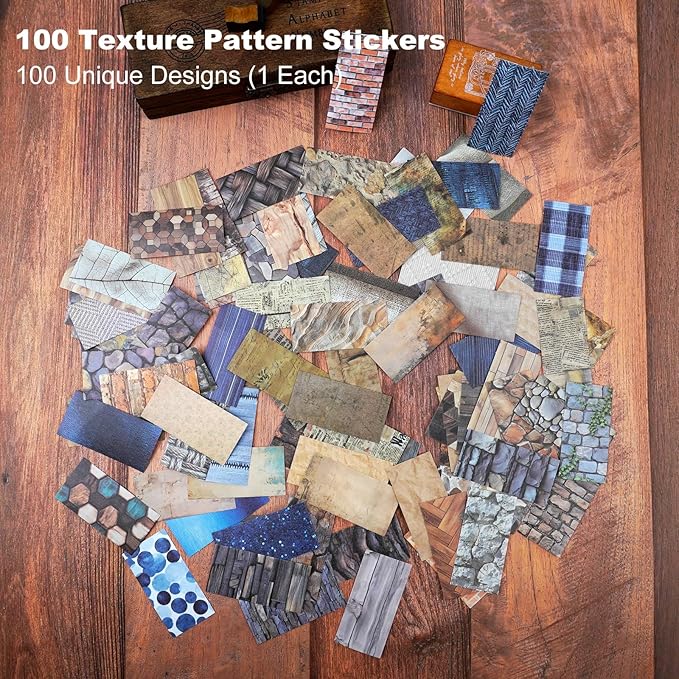 100PCS Retro Washi Stickers – Flat Writable Paper Stickers with Brick, Wood, Newspaper Prints for Journaling, Scrapbooking, DIY Crafting