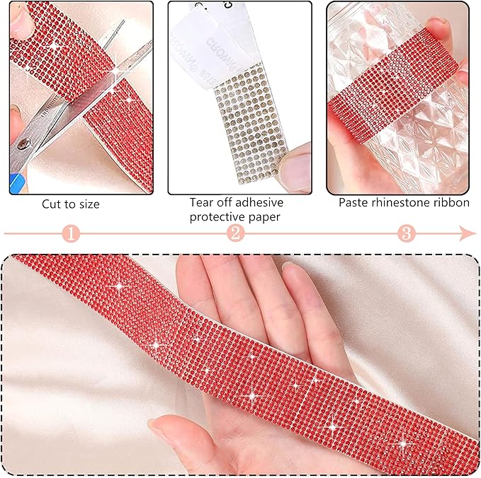 4 Rolls Self Adhesive Crystal Rhinestone Ribbon Diamond Bling Tape with 2 mm Rhinestones Strips Sticker for Arts Crafts Wedding Birthday Party DIY Event Car Phone Decoration (Red)