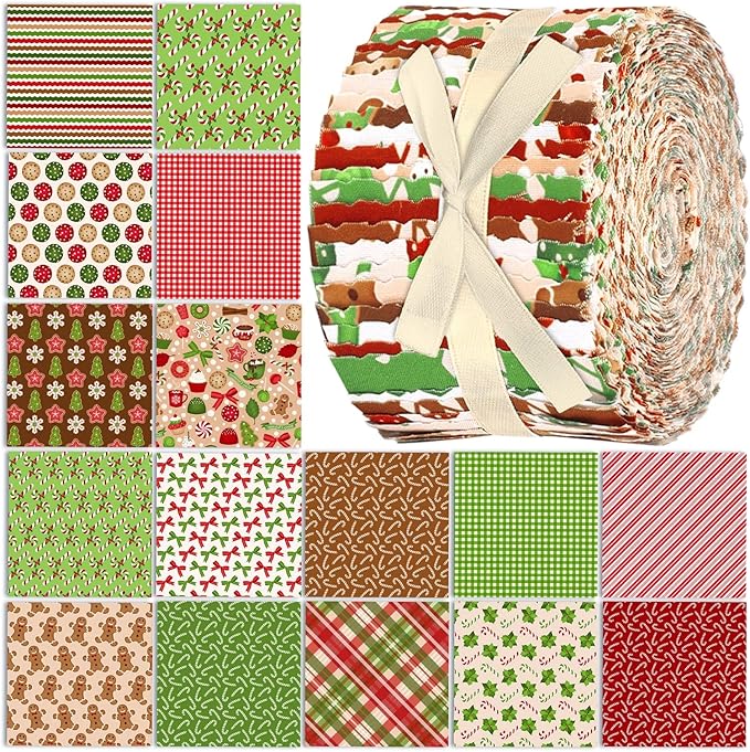 Ganeen 100 Pcs Christmas Red and Green Quilting Fabric Roll 2. 56 Inch Fabric Squares Jelly Patchwork Precut Strips Bundles for Holiday Materials Craft DIY Sewing Cloths