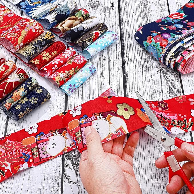 Ganeen 100 Pcs Japanese Quilting Fabric Roll 2. 56 Inch Fabric Squares Jelly Patchwork Precut Strips Bundles for Holiday Materials Craft DIY Sewing Cloths