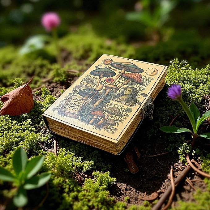 Blank Spell Book of Shadows Magic Spells Leather Journal – Vintage Botanical Mushrooms & Celestial Sun Moon Print Diary