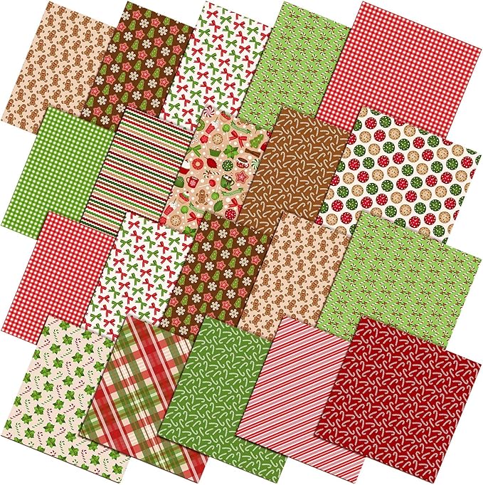 Oudain 60 Pcs 10 x 10 Inch Red and Green Quilting Fabric Squares Christmas Fat Patchwork Precut Strips Gingerbread Man Candy Cane Fabric Bundles for Xmas DIY Craft Sewing Handmade Materials