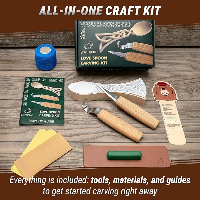 BeaverCraft Wood Spoon Carving Kit for Beginners DIY04 - Whittling Set Includes Spoon Carving Tools, Sloyd Whittling Knife Hook Knife, Basswood Blank - Woodworking Hobby Kit for Adults & Kids