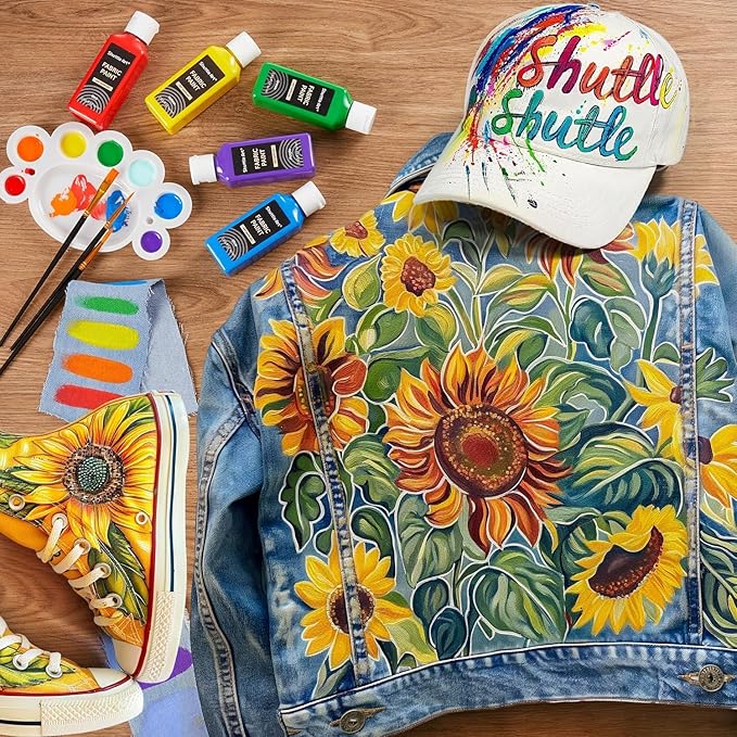 Shuttle Art Fabric Paint 24 Colors Permanent Soft Fabric Paint in Bottles (60ml/2oz) with Brushes &Stencils, Non-Toxic Textile Paint for T-Shirts, Shoes, Jeans, Bags, DIY Projects & Crafts