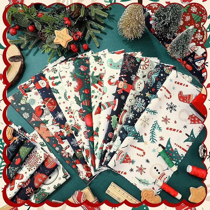 Oudain 60 Pcs 10 x 10 Inch Christmas Elf Quilting Fabric Squares Christmas Fat Patchwork Precut Strips Gingerbread Man Candy Cane Fabric Bundles for Xmas DIY Craft Sewing Handmade Materials