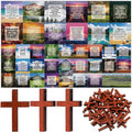 Pocket Prayer Quilt Panel Squares with Small Wooden Crosses Mini Scripture Pocket Prayer Quilt for Friend Family Religious Spiritual Gift Easter Reward Gift(Scenery,Brown)
