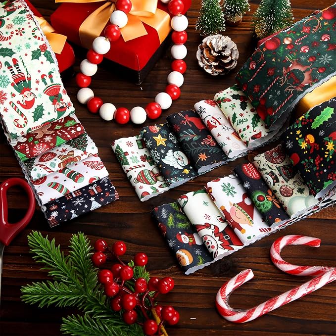 Ganeen 100 Pcs Christmas Elf Quilting Fabric Roll 2. 56 Inch Fabric Squares Jelly Patchwork Precut Strips Bundles for Holiday Materials Craft DIY Sewing Cloths