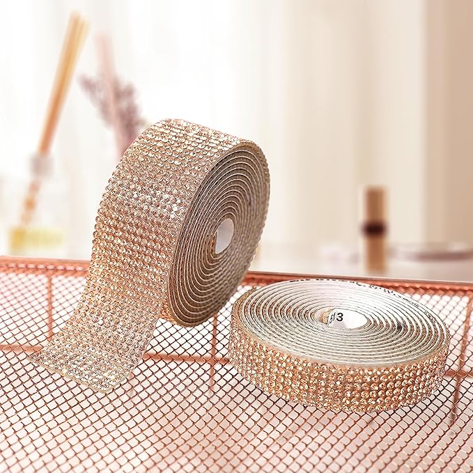 4 Rolls Self Adhesive Crystal Rhinestone Ribbon Diamond Bling Tape with 2 mm Rhinestones Strips Sticker for Arts Crafts Wedding Birthday Party DIY Event Car Phone Decoration (Champagne Gold)