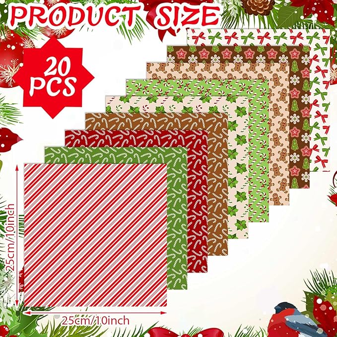Oudain 60 Pcs 10 x 10 Inch Red and Green Quilting Fabric Squares Christmas Fat Patchwork Precut Strips Gingerbread Man Candy Cane Fabric Bundles for Xmas DIY Craft Sewing Handmade Materials
