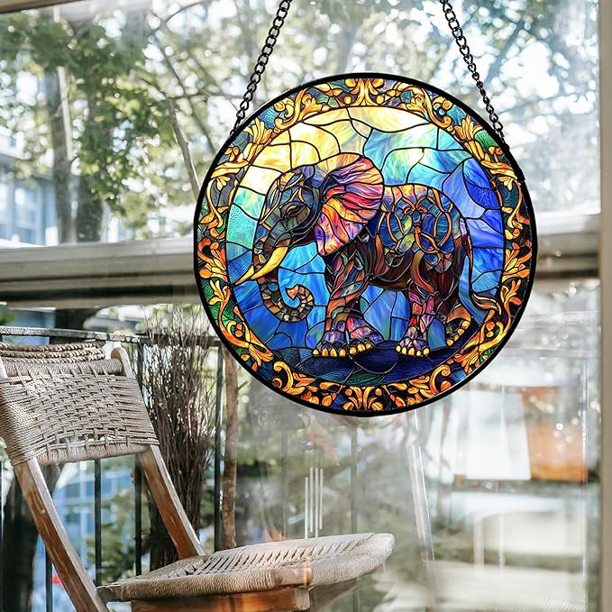 Stained Glass Window Hanging - Blue Elephant Suncatcher for Door Terrace Garden Home Decor, Yellow Retro Sun Catcher Birthday Gifts for Lovers Women Men Dad Mom Nana 6.3 in