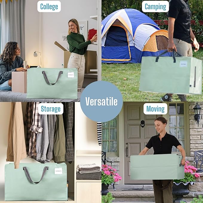 VENO 2 Pack Moving Bags and Large Christmas Decoration Storage Bins with lids. Alternative to Moving Boxes, Packing Supplies for College. Heavy Duty Totes (Shiny Light Green, 2 Pack)