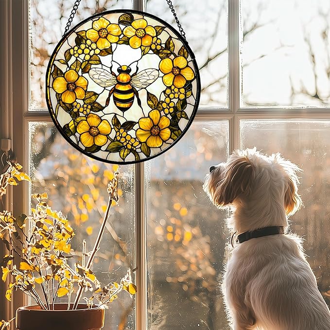 Stained Glass Window Hanging - Yellow Flowers Surrounded by Bees Sun Catcher for Door Garden Home Decor Cute Suncatcher Christmas Mother's Day Birthday Gifts for Women Men Mom Nana 15 in