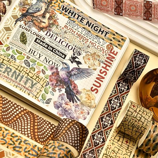 8 Rolls Retro Washi Tape Set Vintage Arts Adhesive Tapes Wide Painting Patterned Decorative Masking Tape Sets for Craft, Kids, Scrapbook, DIY, Gift Wrapping (Geometric Aesthetics)