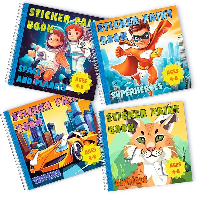 BulbaCraft 4Pcs Sticker Paint Books - Sticker Books by Number with Superheroes, Trucks, Animals and Space - Coloring Activity