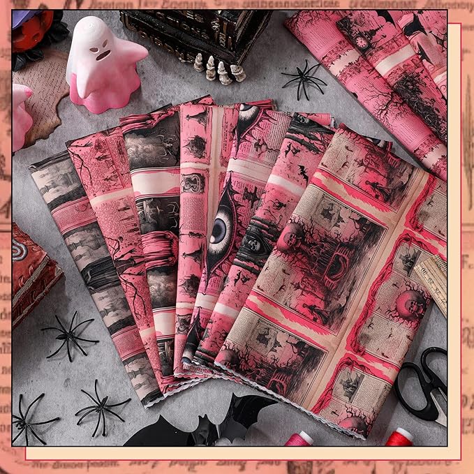 Hahafelt 10 Pcs 18 x 22 Inch Pink Halloween Quilting Fabric Vintage Halloween Pink Ghost Fat Quarters Precut Retro Bat Skeleton Eyes Fabric Squares for Holiday Sewing DIY Handmade Craft