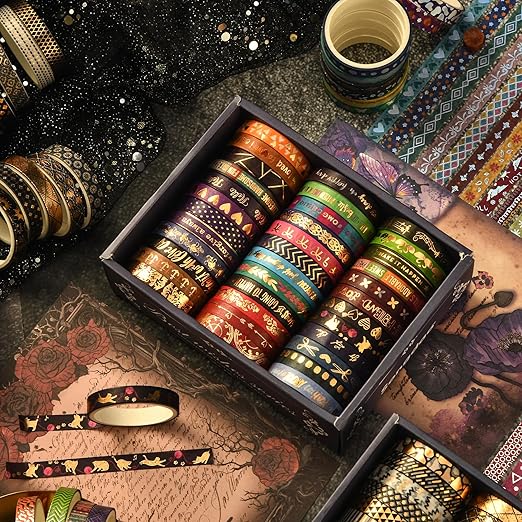 36 Rolls Skinny Washi Tape Set Gold Foil Detailing Arts Adhesive Tapes Basic Patterns Decorative Masking Tape Sets for Craft, Kids, Scrapbook, DIY, Gift Wrapping (Bronzing Letters)