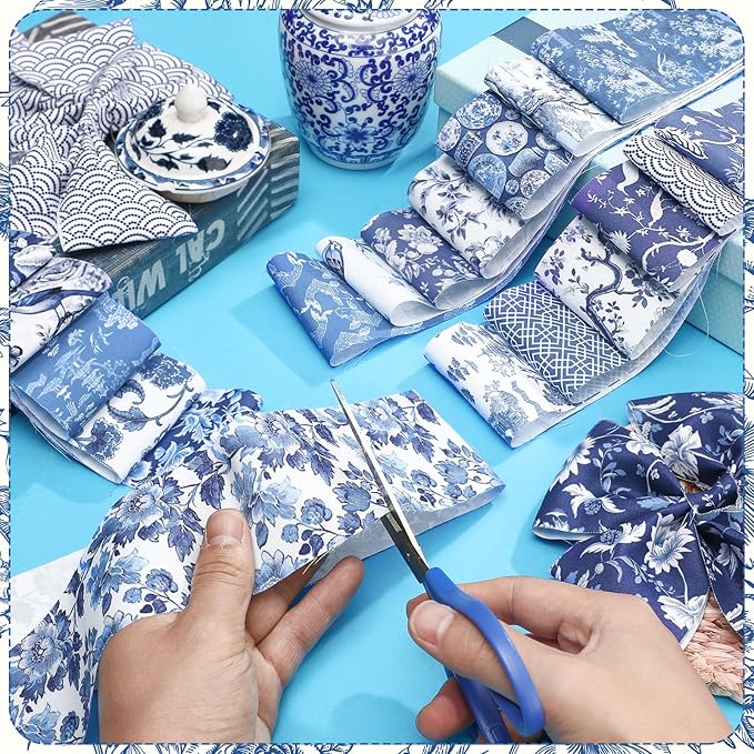 40 Pcs Blue and White Floral Christmas Quilting Fabric Roll 2.56 Inch Precut Fabric Squares Jelly Patchwork Chinoiserie Strips Materials for Winter Xmas Holiday Craft Sewing Panels DIY