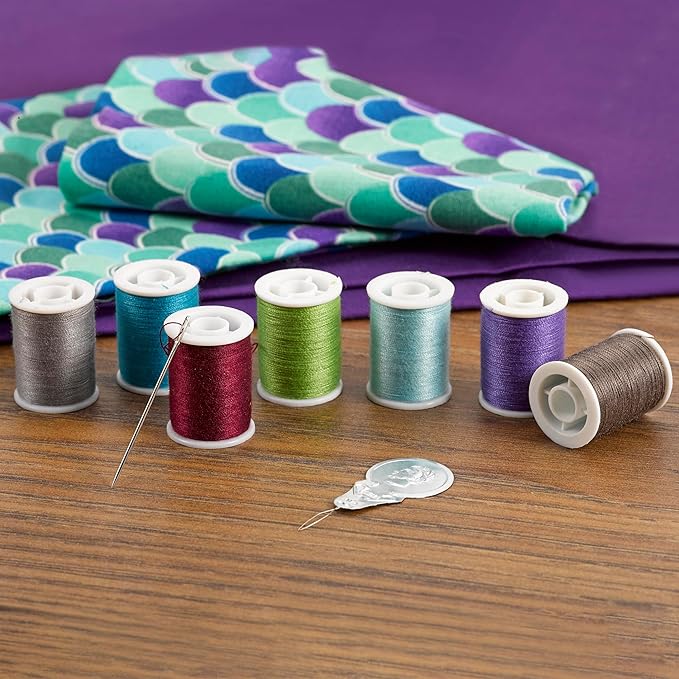 SINGER Polyester Sewing Thread Set - 30 Assorted Colors, 50 Yards per Mini Thread Spool, Sewing Kit Includes 5 Large Eye Hand Needles, 1 Needle Threader, Suitable for Hand and Machine Sewing