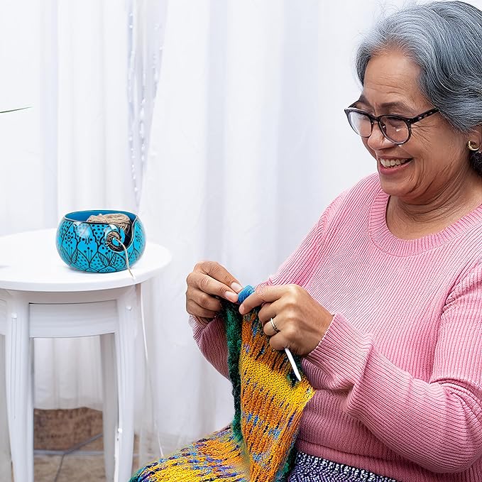 Nagina International Ceramic Attractively Hand Painted Gorgeous Stoneware Yarn Ball Storage Bowl With Innovative Dispensing Curl | Knitting & Crochet Accessions (Large, Greek Blue)