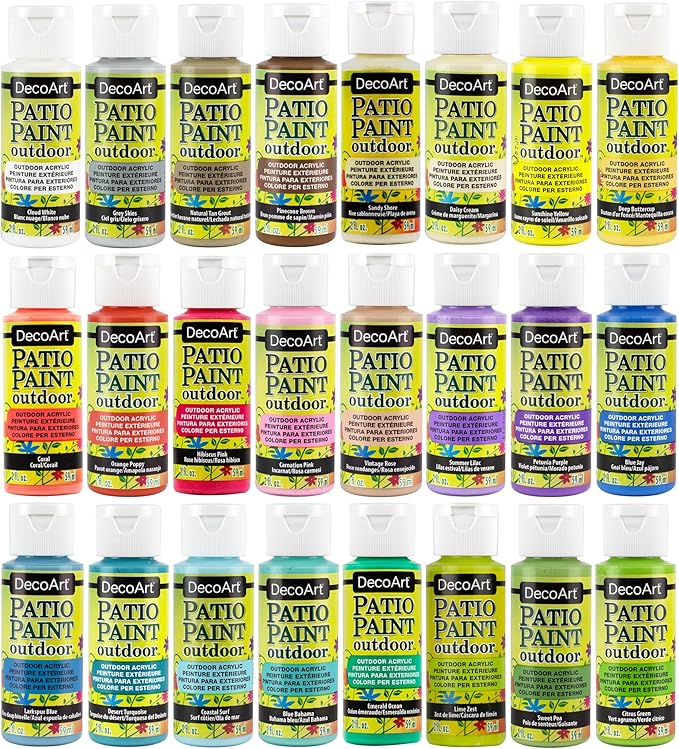 DecoArt Patio Outdoor Paint Set – 24 Pastel Colors (2 fl oz Bottles) – Outdoor Weatherproof Permanent Paints for Crafts, Planters & Home Décor