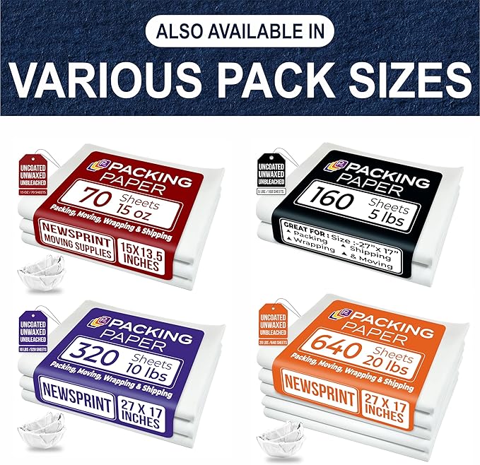 Purple Papers White Bulk Packing Paper | 320 sheets | 27" x 17" | 10 lb | Sheets for Moving - Newsprint Paper - Must Have in Your Moving Supplies | Newsprint Papers | Packaging Paper