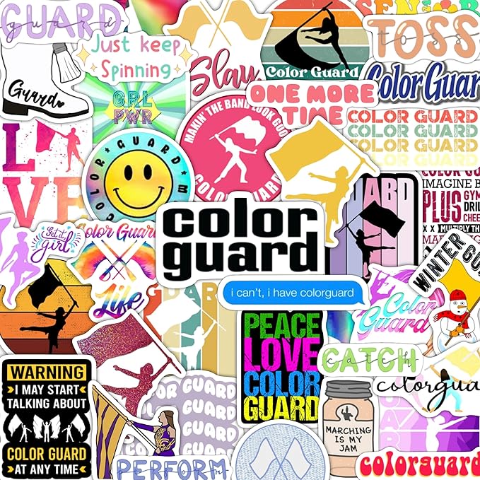 BulbaCraft 100Pcs Color Guard Stickers for Water Bottle and Laptop - Color Guard Party Supplies & Decorations, Waterproof Vinyl Decals, Marching Band and Flag Stickers, Gifts for Women & Men