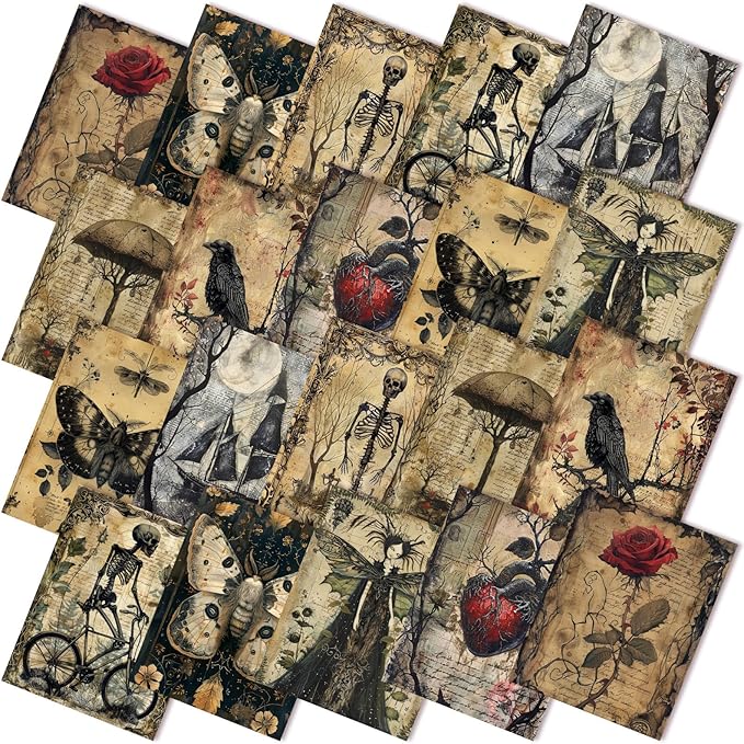Hahafelt 10 Pcs 18'' x 22'' Vintage Halloween Quilting Fabric Squares Spooky Gothic Retro Halloween Precut Fabric Bundle Skeleton Crow Butterfly Rose Heart for DIY Craft Sewing Quilt Material Handmade