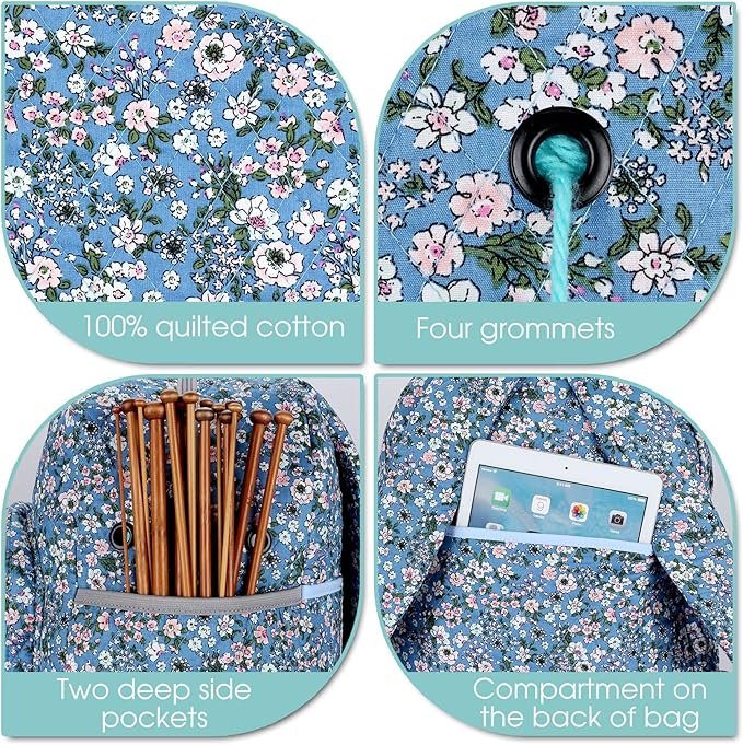 Yarn Storage Organizer Knitting Bag Backpack - Large Size with Grommets, Portable Crochet & Knitting Accessories Bag (Flower-Blue)