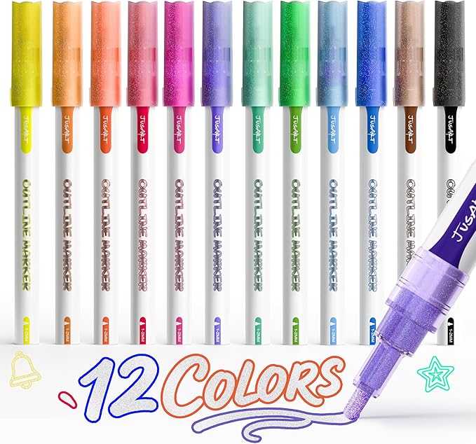 JusArt Outline Sparkle Markers, 12 Metallic Shimmer Pens for Adult Coloring, Cool Fun Drawing Supplies for Christmas, Easter, Halloween