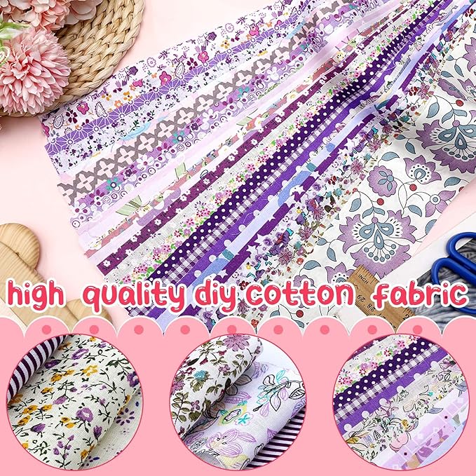 Ganeen 100 Pcs Pink Purple Floral Quilting Fabric Roll 2. 56 Inch Fabric Squares Jelly Patchwork Precut Strips Bundles for Holiday Materials Craft DIY Sewing Cloths