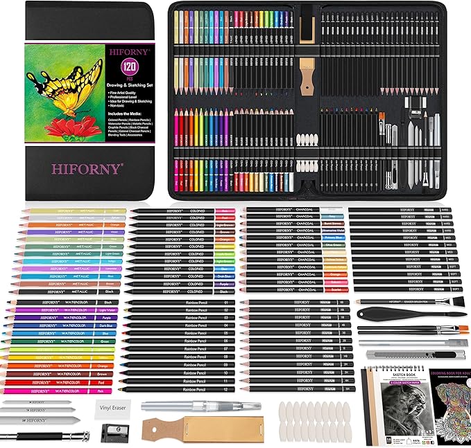 HIFORNY 120 PCS Drawing Set Sketching Kit, Art Supplies with 3-Color Sketchbook,Coloring Book,Rainbow,Colored,Watercolor,Metallic,Graphite,Black & Colored Charcoal Pencils,Blending Tools and More