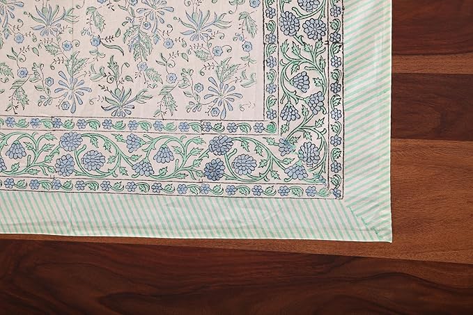 ATOSII Aster Blue 100% Cotton Rectangle Boho Fall Tablecloth, Handblock Floral Table Cloth Linen for Kitchen Dining I Parties Wedding Outdoors Christmas Thanksgiving I 72 X 120 Inches I 10 Seater