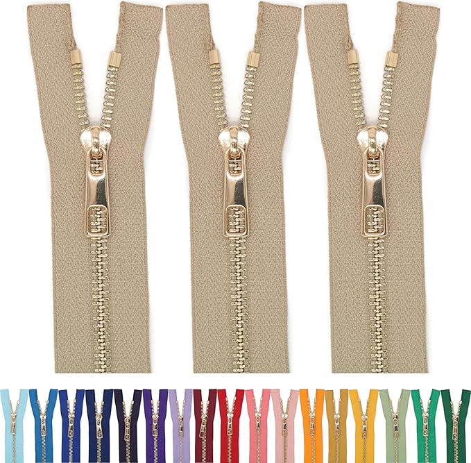#5 Gold Metal Zipper - 50+ Colors - 3 PCS - (4-14 inches) Sizes - Luxury Lightweight Handcraft Metal Zippers with pulls for Purses Bags Pockets Shoes Sewing & Crafts DIY ZP02565