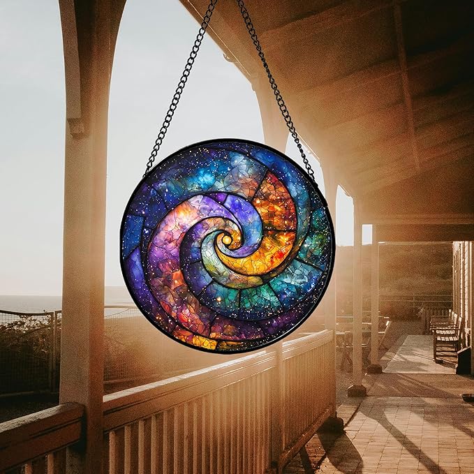 Stained Glass Window Hanging, Blue Orange Starry Sky Sun Catcher for Door Terrace Garden Home Decor, Abstract Universe Suncatcher Birthday Gifts for Lovers Women Men Dad Mom Nana 6.3 in