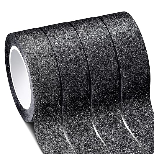 Zonon 4 Rolls 0.6 Inch x 11 Yards Glitter Washi Tape Crafting Glitter Masking Tape for Festival Decoration Scrapbooking, Journal, Planner, Gift Wrapping(Black)