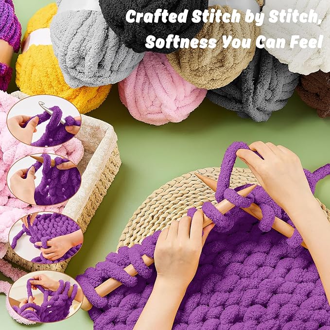 Inhand 8 Pack Chunky Chenille Yarn for Crocheting–30.6 Yards, 7.7oz, Soft Fluffy Thick Yarn,Gifts for Women/Grandma/Men Birthday Christmas Unique,Hand Knitting for Blankets&DIY Crafts (Dark Purple)
