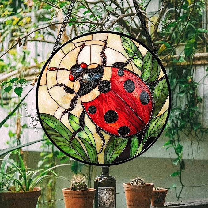 Stained Glass Window Hanging - Red Seven-Spotted Ladybug Sun Catcher for Door Home Decor Insect Suncatcher Christmas Mother's Day Birthday Gifts for Women Men Mom Nana 15 in