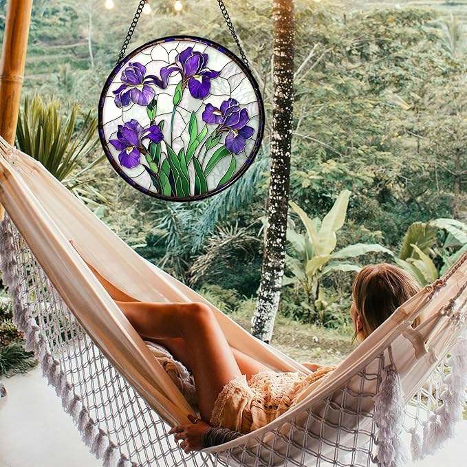 Stained Glass Window Hanging - Purple Iris Flower Sun Catcher for Door Terrace Garden Home Decor, Green Plants Suncatcher Birthday Gifts for Lovers Women Men Dad Mom Nana 15 in