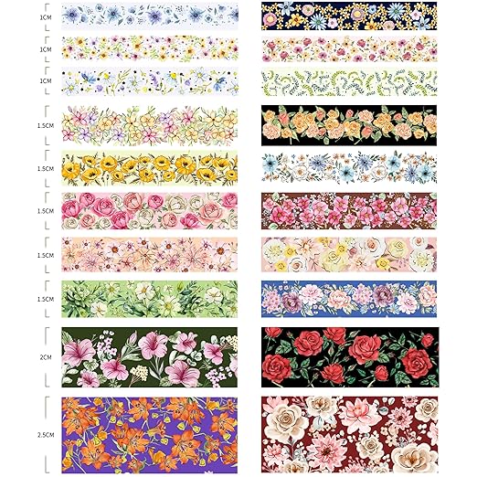 20 Rolls Flowers Washi Tape Set Floral Arts Adhesive Tapes Gold Foil Decorative Masking Tape Sets for Craft, Kids, Scrapbook, DIY, Gift Wrapping