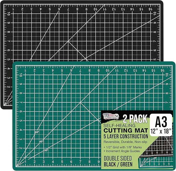 U.S. Art Supply 12" x 18" Self-Healing Cutting Mat 5-Ply (2 Pack) - Double-Sided Green/Black Craft Mat, Non-Slip Cutting Mats for Crafts, Sewing, Quilting, Scrapbooking