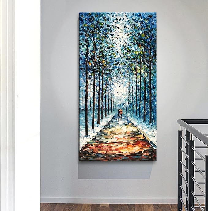 Art Hand-Painted Landscape Oil Painting Contemporary Abstract Vertical Blue Texture Oil Painting Living Room Bedroom Wall Decoration 48x24 inche