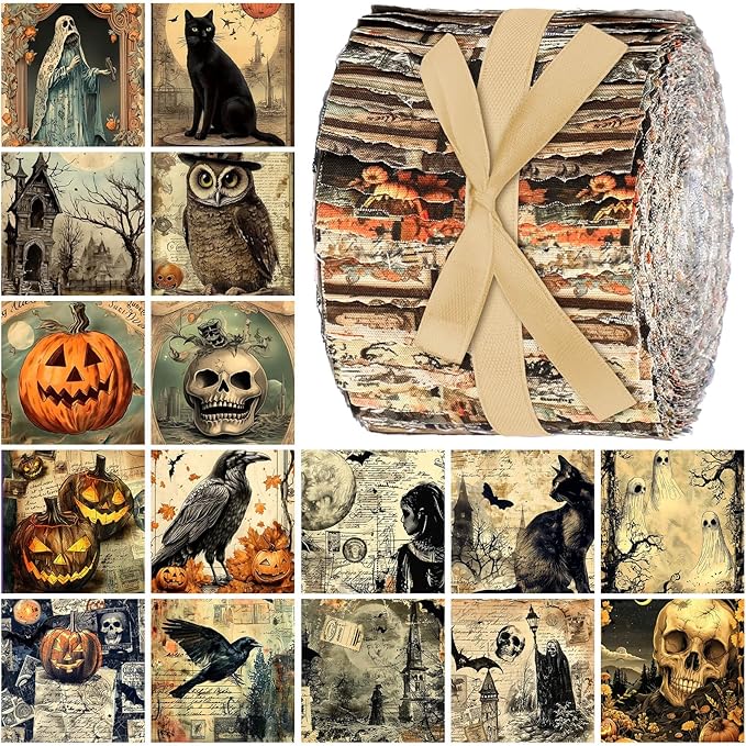 Ganeen 100 Pcs Gothic Christmas Fabric Vintage Halloween Quilting Fabric Roll 2.56 Inch Skull Ghost Jelly Squares Pumpkin Black Cat Patchwork Precut Strips Bundles for Sewing Materials Craft DIY