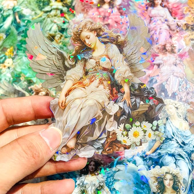 Yoksas Large Holographic Shiny Fantasy Angel Fairy Stickers - 30Pcs Waterproof Clear Glitter Christian Faith Scrapbook Stickers for Junk Journals,Planner,Resin Art Supplies