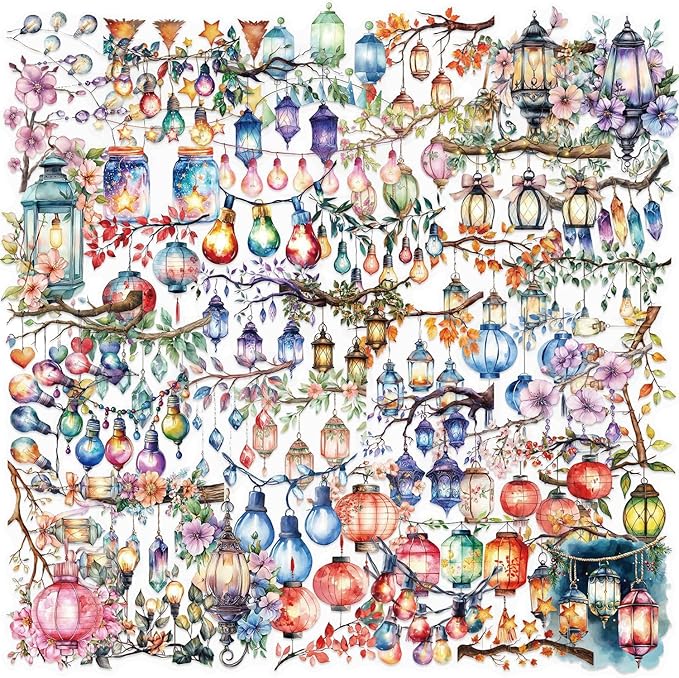 YOKSAS 50PCS Watercolor Hanging Lantern and String Light Stickers – Clear Tree Branch Scrapbook Stickers for Journaling, Card Making, Planners, Crafts, Holiday Art Projects