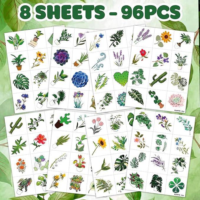 96 PCS Plants Save The Earth Day Pre-Cut Temporary Tattoos Themed Birthday Party Decorations Favors Supplies Décor Environment Tree Flowers Tattoo Stickers Gifts For Game Boys Girls Classroom School