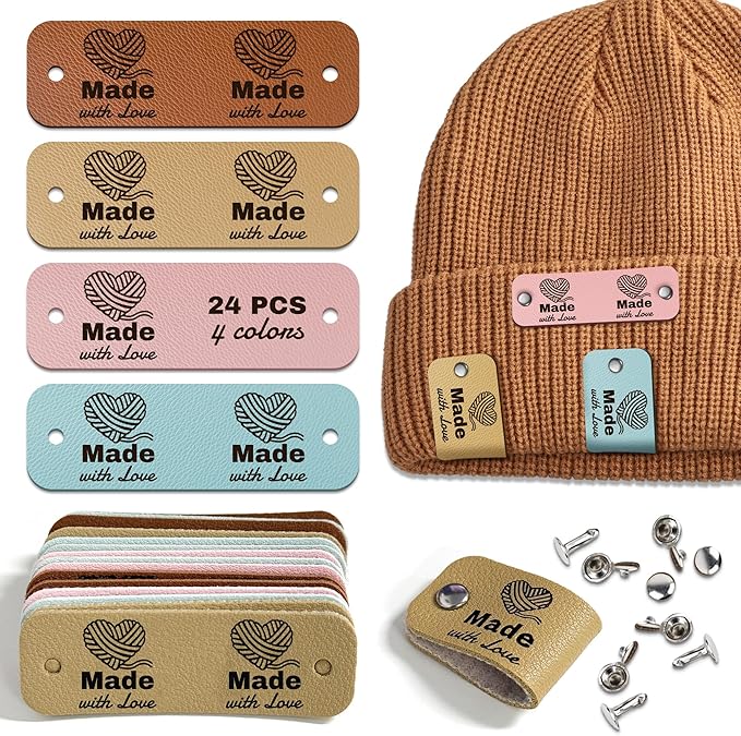 24pcs Crochet Tags for Handmade Items Made with Love Leather Tags for Crochet Items, Knitting Accessories with Rivets, Suitable for Scarves Hats Gloves, Gifts for Crocheters (Layout B)