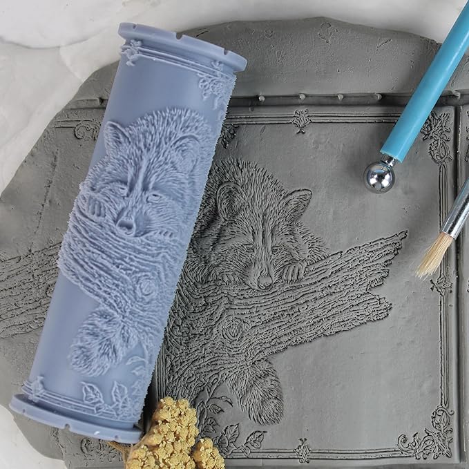 Raccoon Clay Texture Roller (4") - Forest Set #01 - Embossing Pattern Roller for Polymer & Ceramic Clay, Pottery & Crafts