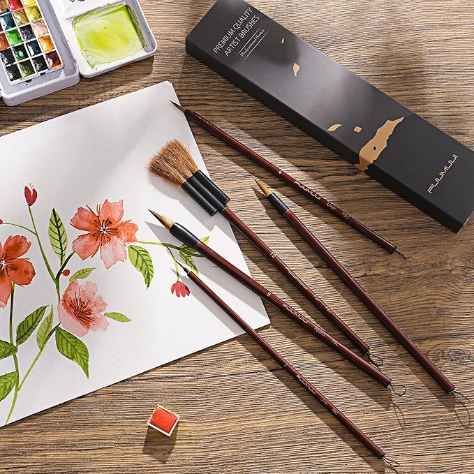 Watercolor Brushes Professional, Fuumuui 5Pcs Synthetic Goat Mixed Hair Water Color Paint Brush Set with Flat Round Detail for Watercolor, Pottery, Acrylic, Gouache